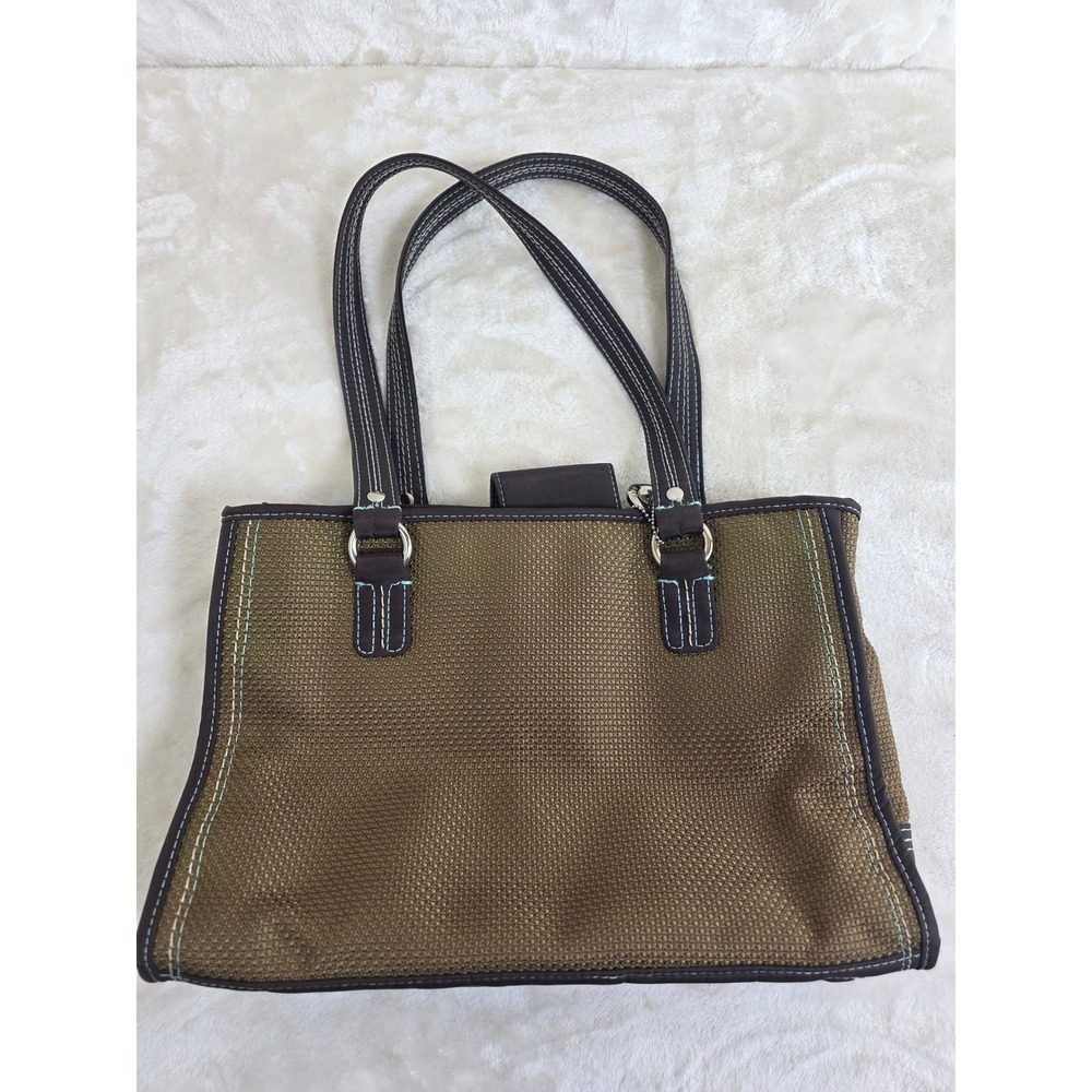 The Sak Woven Metallic Bronze Tote Bag Brown Trim Blue‎ Stitching - Picture 2 of 14